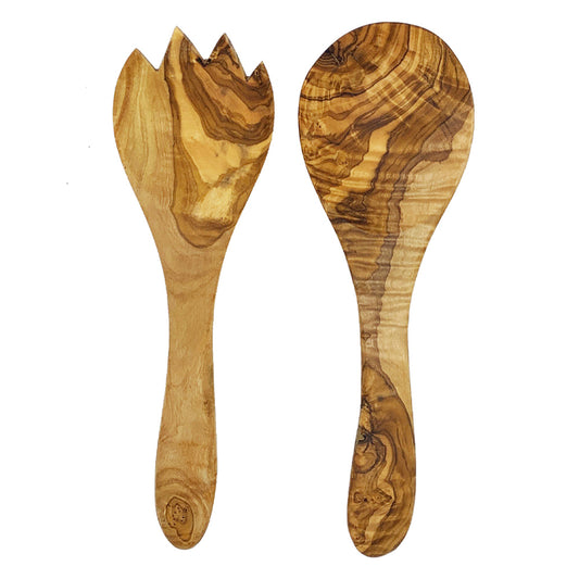 Olive Wood Salad Wide Fork & Round Spoon