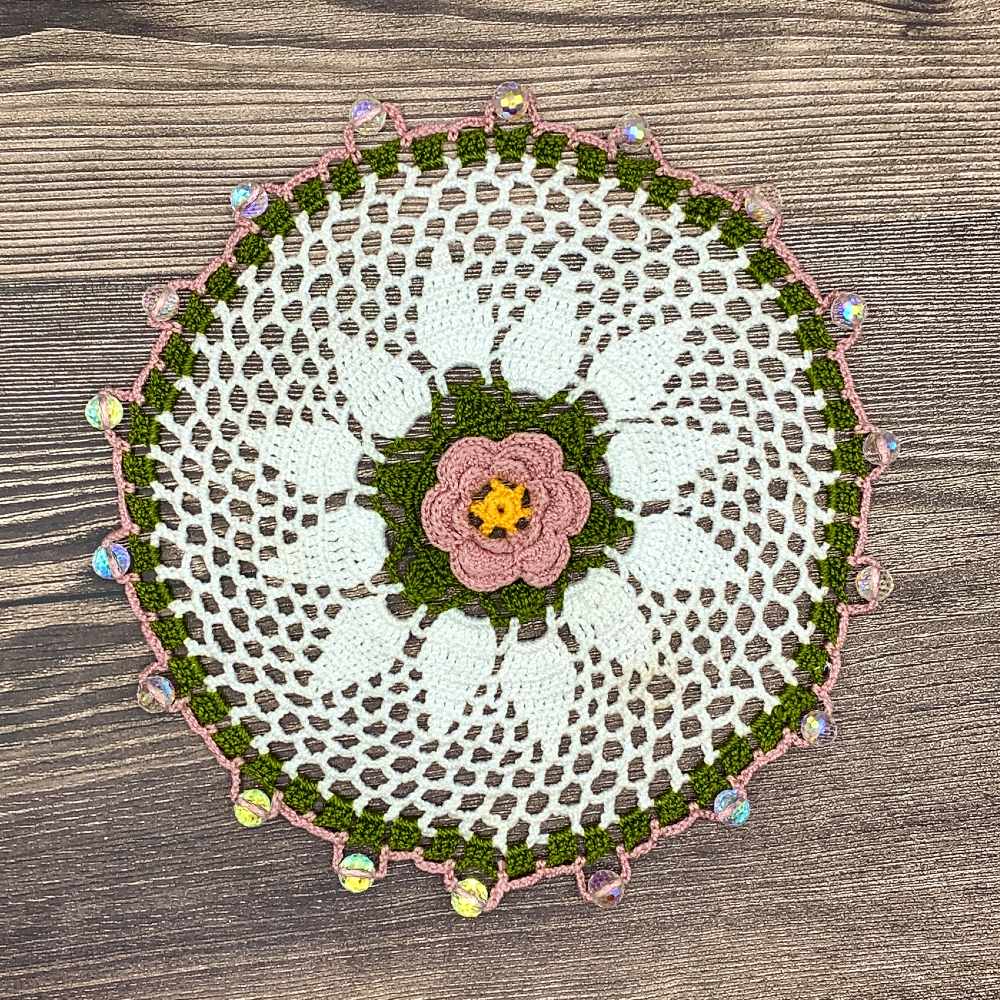 Flower Petals Crocheted Olive & Blush Cotton Jug Cover