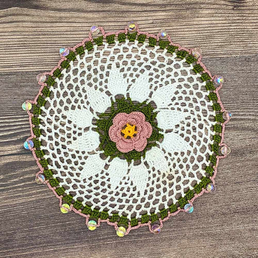 Flower Petals Crocheted Olive & Blush Cotton Jug Cover