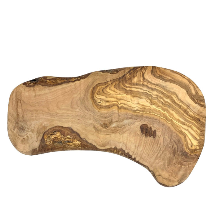 Wooden cutting board with natural grain pattern on a white background