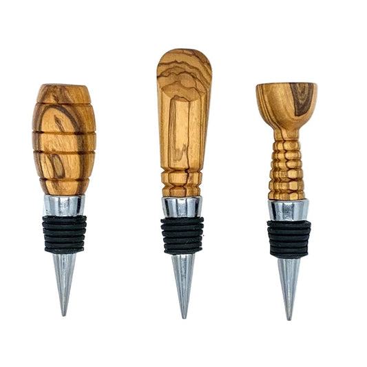Olive wood and metal bottle stoppers