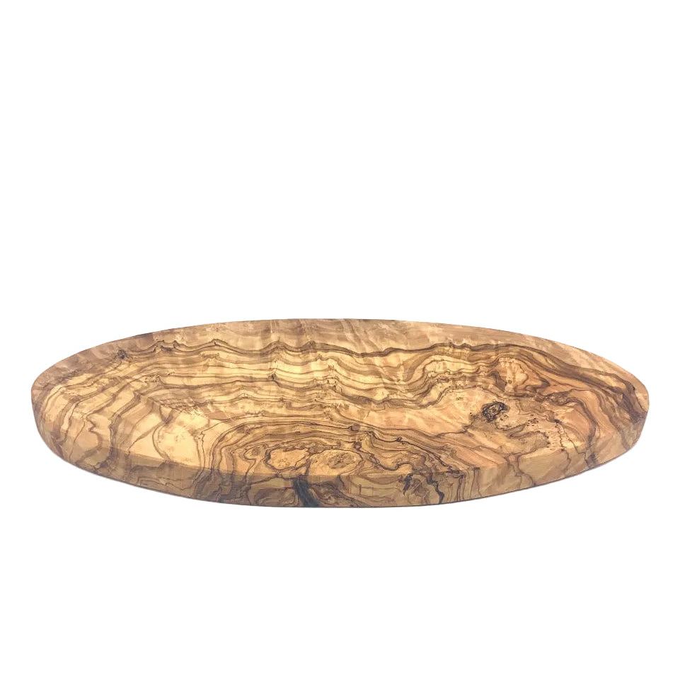 An oval wooden serving board with a prominent wavy olive wood grain pattern in shades of brown and tan, photographed on a white studio background.