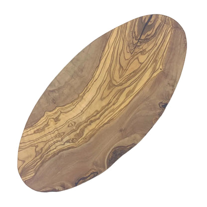 An oval wooden serving board with a prominent natural grain pattern in shades of brown and tan, shown on a plain white background.
