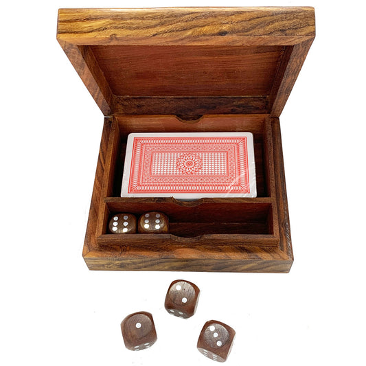 Acacia Wood Box Playing Cards & 5 Dice Set