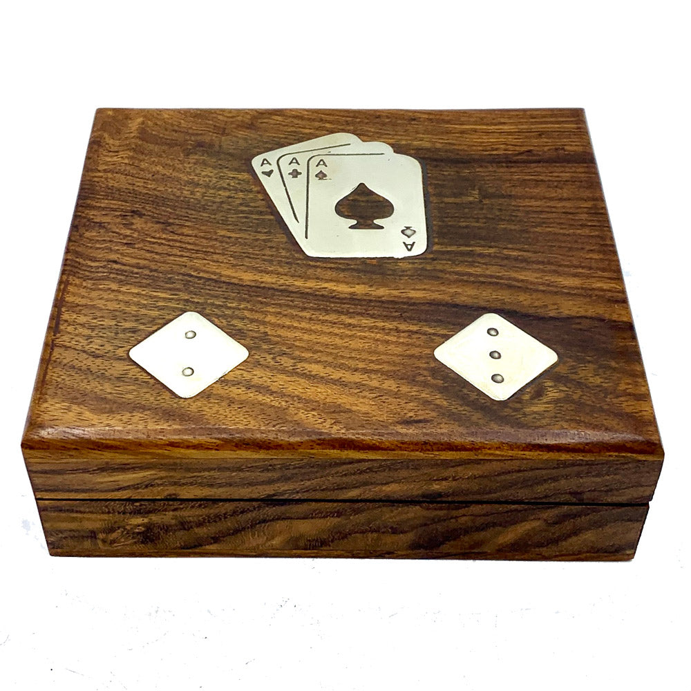 Acacia Wood Box Playing Cards & 5 Dice Set