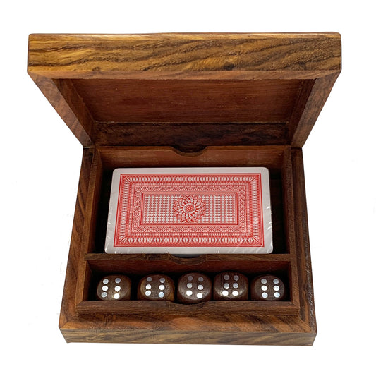 Acacia Wood Box Playing Cards & 5 Dice Set