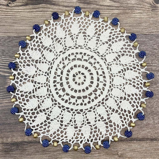 Rich Blue & Gold Beaded Large White Cotton Crocheted Jug & Plate Cover 