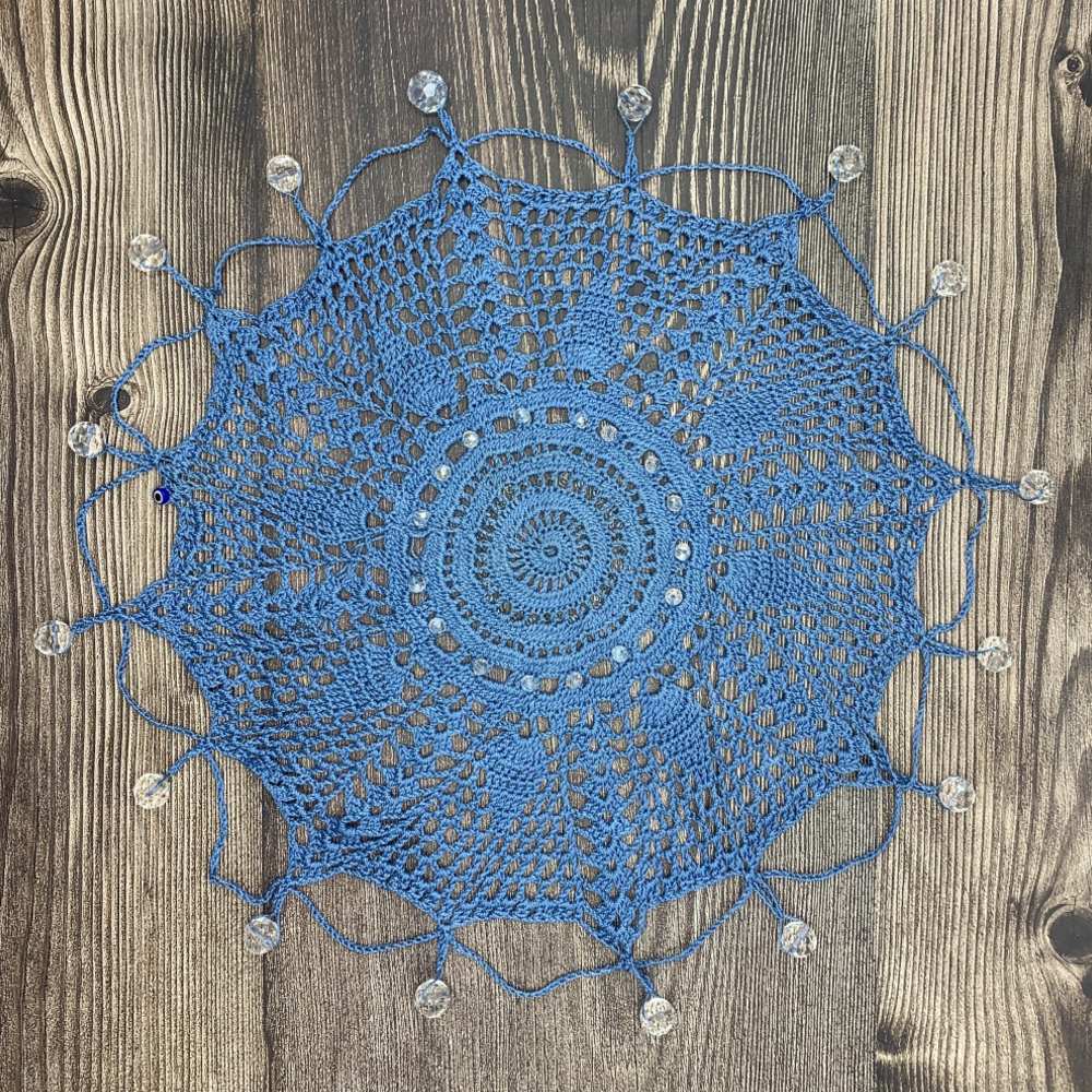 Crystal Studded & Rustic Blue Cotton Crocheted Jug & Plate Cover