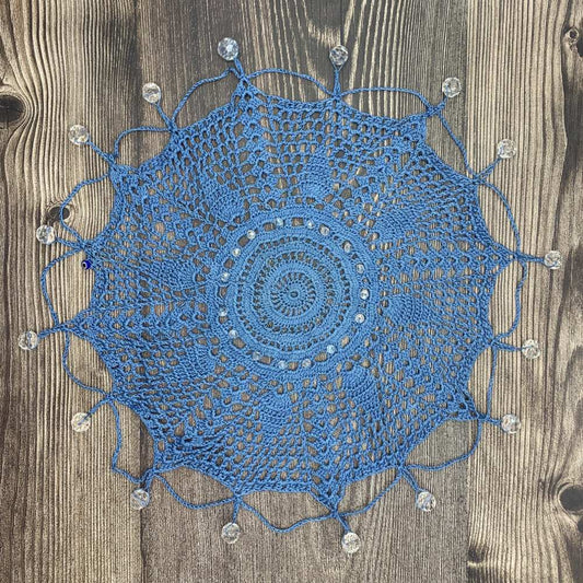 Crystal Studded & Rustic Blue Cotton Crocheted Jug & Plate Cover