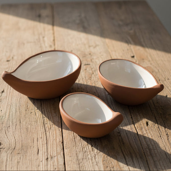 Terracotta & White Glaze Handmade Nest of 3 Bowls