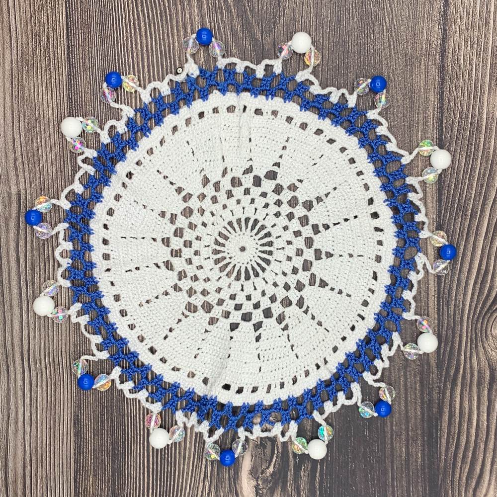 Triple Beaded Blue & White Cotton Crocheted Jug & Plate Cover