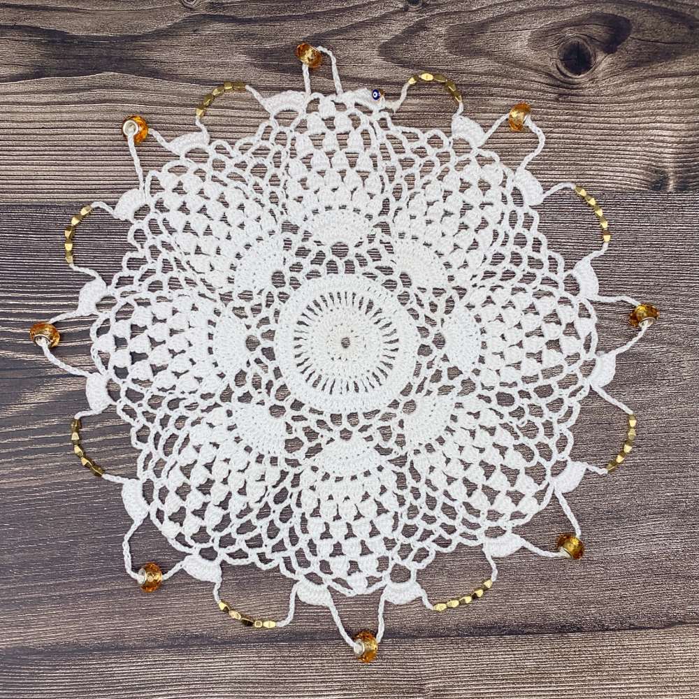 Amber & Gold Beaded White Cotton Crocheted Jug & Plate Cover