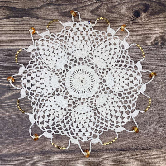 Amber & Gold Beaded White Cotton Crocheted Jug & Plate Cover