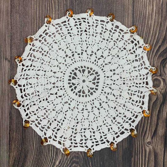 Amber Beaded White Cotton Crocheted Jug & Plate Cover