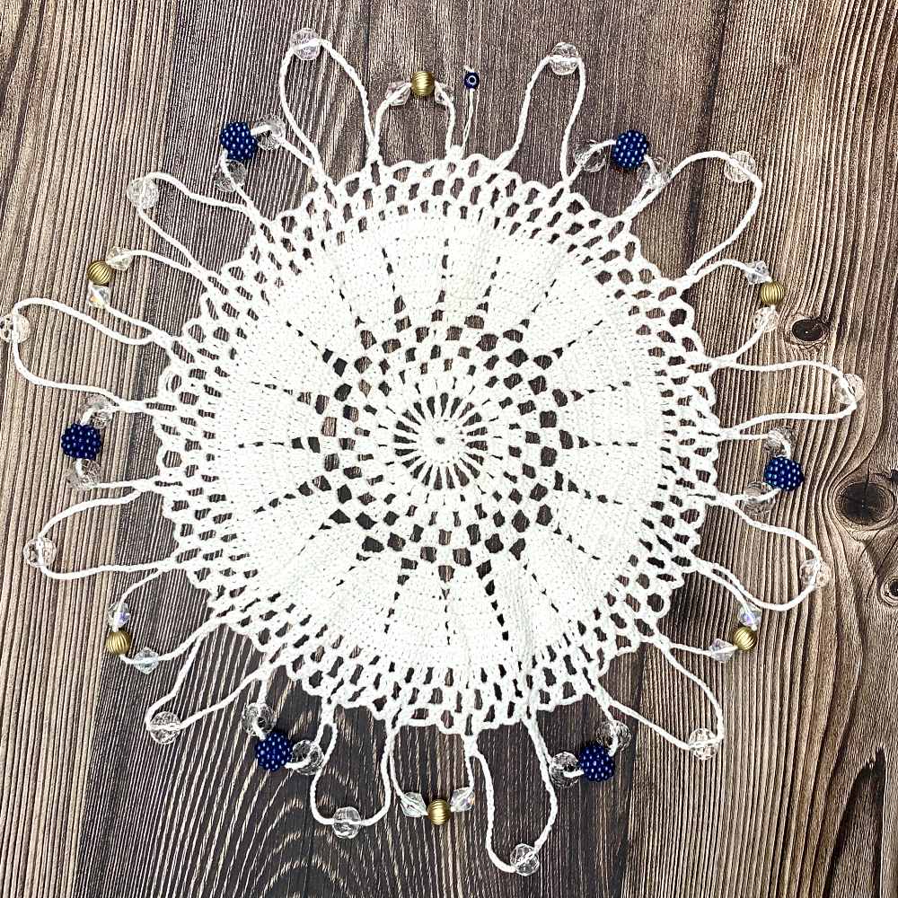 Hanging Rich Blue & Gold Beaded White Cotton Crocheted Jug & Plate Cover