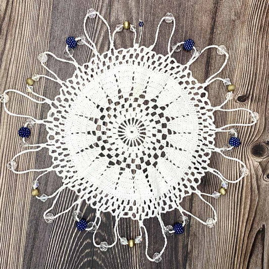 Hanging Rich Blue & Gold Beaded White Cotton Crocheted Jug & Plate Cover
