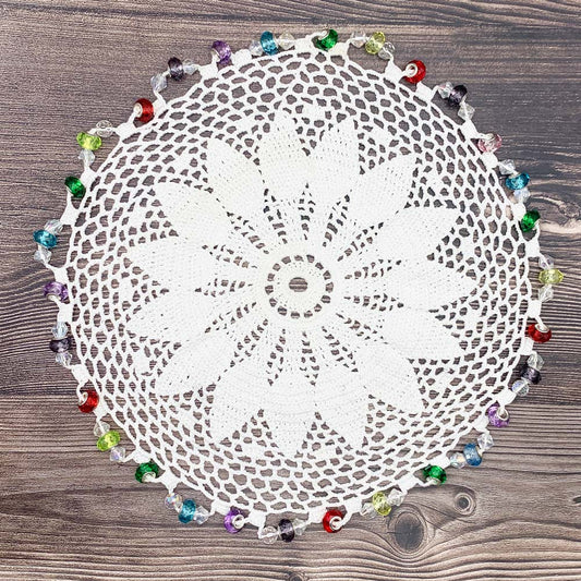 Multicoloured Beaded White Cotton Crocheted Jug & Plate Cover