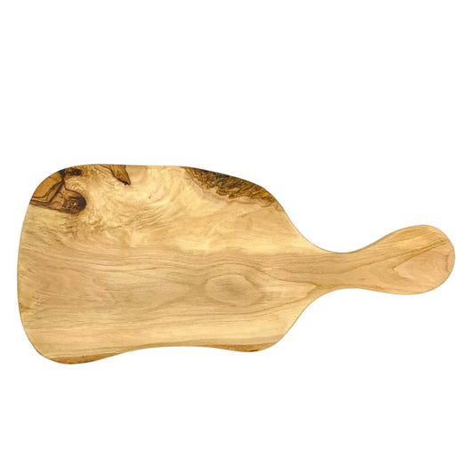 Wooden serving board with handle on a white background