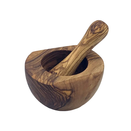 A wooden mortar and pestle set made from olive wood, featuring a natural swirling grain pattern in shades of brown and tan, photographed on a white background.